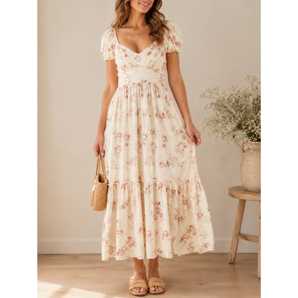 LoveShackFancy Angie Puff Sleeve Cream Floral Maxi Dress Size 2